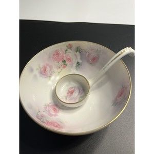 Antique Prussia c1905-1931 Porcelain Footed Floral Condiment Dessert Bowl wSpoon
